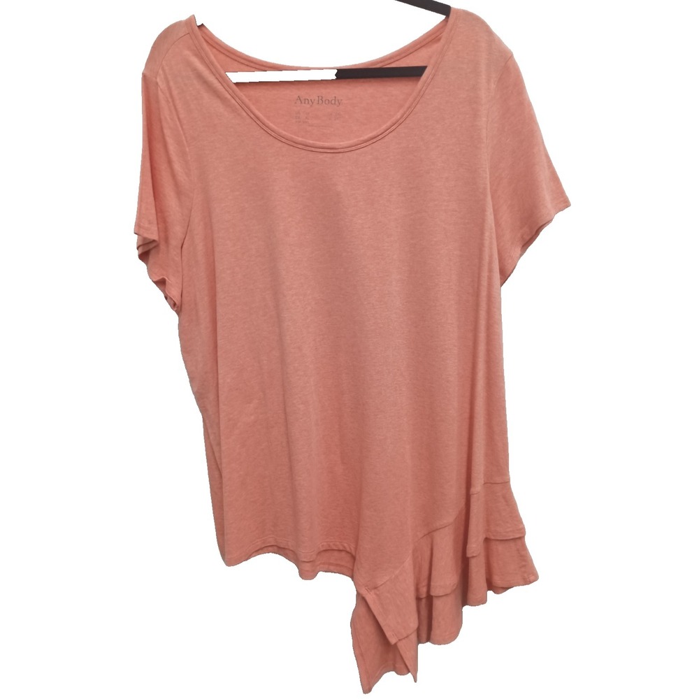 AnyBody Tunic Top Womens Size 1X Pink Cozy Knit‎ Side Ruffle Short Sleeve Tee